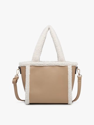 Off-white sherpa trim satchel with taupe leather-look body and crossbody straps