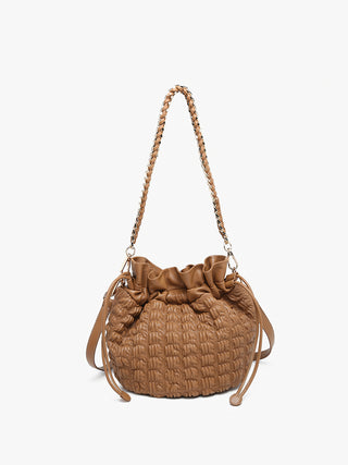 Brown ruched bucket bag with braided chain handle and drawstring cord closure
