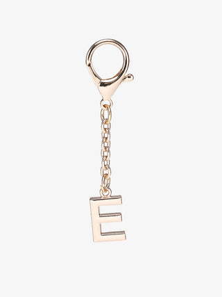 Letter bag charm with gold-tone chain and keyring, letter E pendant