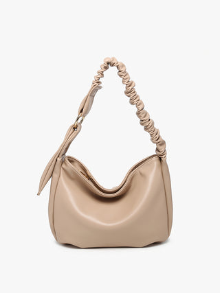 Jakarta vegan slouchy shoulder bag - sand, ruched braided strap, soft slouchy silhouette