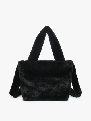 Black fuzzy vegan satchel with short top handles and side straps