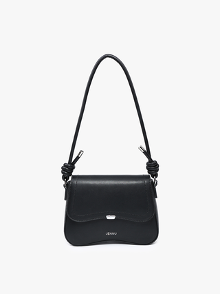 Fiji vegan curved shoulder bag in black with front flap and knotted shoulder straps