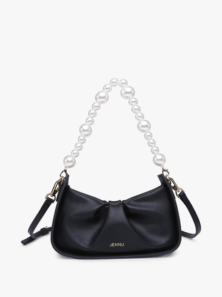 Black Ibiza vegan pearl shoulder bag with bow front, pearl handle, and crossbody strap.
