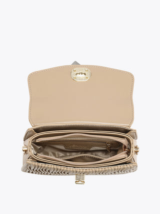 Taupe crossbody interior view with zip pocket and braided side detail