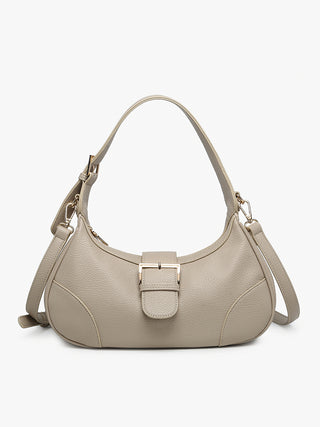 Greige vegan buckle shoulder bag with centered buckle tab and adjustable shoulder strap