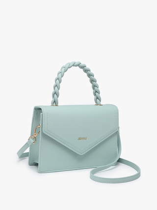 Light blue vegan crossbody bag with braided handle, envelope flap, and gold-tone hardware