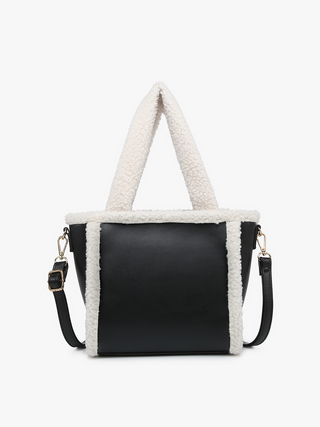 Black Helsinki vegan sherpa trim satchel with off-white sherpa edging and top handles