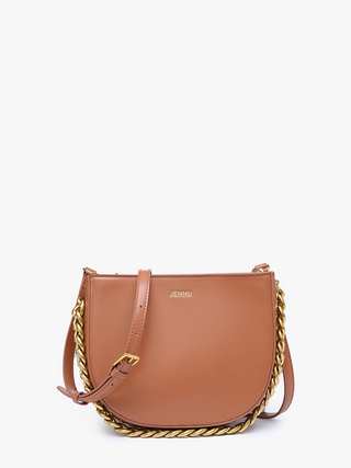 Vegan chain saddle bag, light brown front view with gold chain strap and curved flap