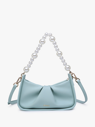 Mint Ibiza vegan pearl shoulder bag with bow front, pearl handle, and crossbody strap.