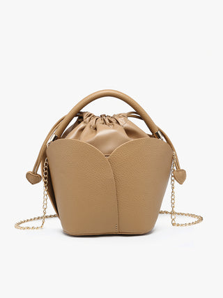 Taupe vegan petal bucket bag with ruched top drawstring, tan handles, gold chain straps