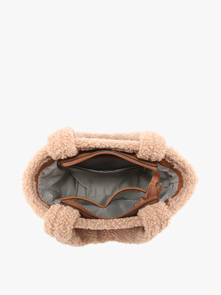 Open Helsinki vegan sherpa trim satchel showing herringbone lining and inner zip pocket