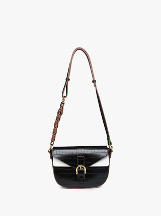 Two-tone vegan shoulder bag, black and white flap with gold turn-lock, chain strap.