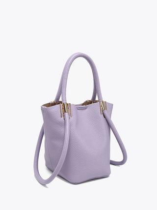 Periwinkle mini bucket bag with side straps and gold zipper pulls