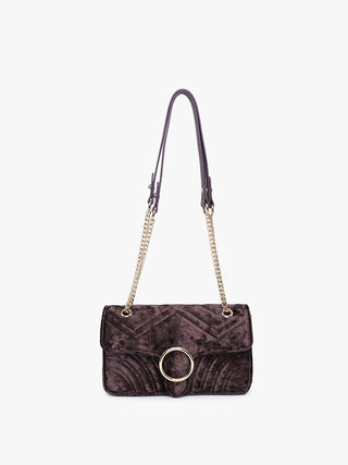 Chocolate velvet crossbody bag with chain strap and circular front ring closure