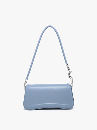 Toronto vegan curved shoulder bag, dusty blue with curved front flap and chain strap