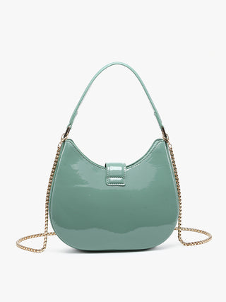 Jade green glossy crescent crossbody with gold chain straps and front square clasp