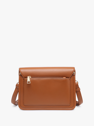 Lagos vegan envelope crossbody bag, warm tan front flap with clasp detail and top handle loops