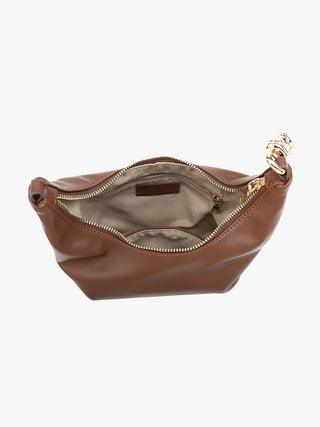 Chocolate brown mini satchel interior view with zip closure and gold zipper track