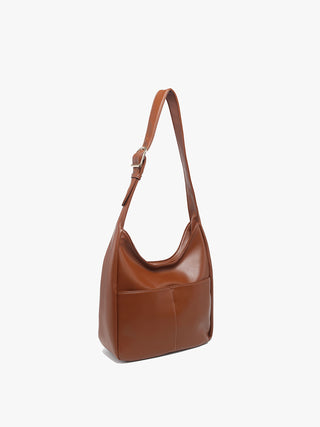 Brown vegan hobo bag with slouchy shape and short shoulder handle