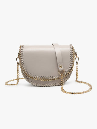 Greige chain-trim crossbody bag with front flap and gold-tone shoulder chain