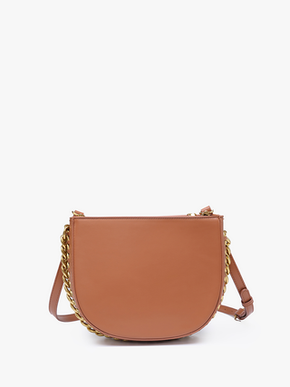 Vegan chain saddle bag, light brown back view with gold chain and crossbody strap
