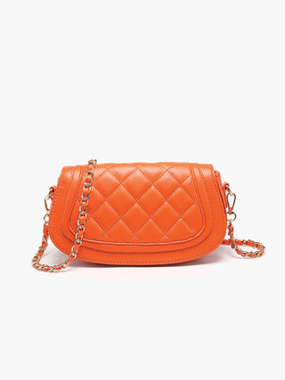 Orange quilted vegan crossbody bag with chain strap and overlapping flap.