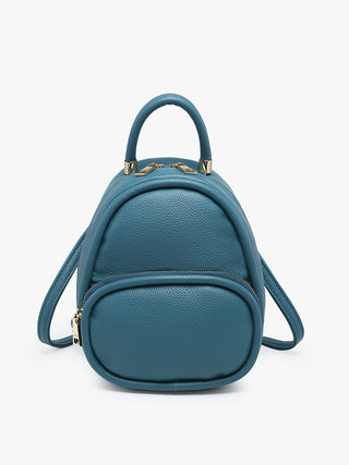 Valencia Vegan Backpack ocean blue mini backpack with front zip pocket, gold hardware