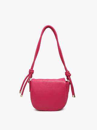 Boysenberry pink shoulder bag with half-moon shape and twisted handles with gold pulls