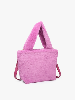 Purple fuzzy vegan satchel with burgundy trim and top handles