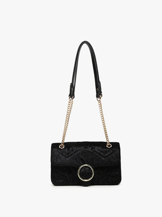 Black velvet crossbody bag with chain strap and circular ring front closure