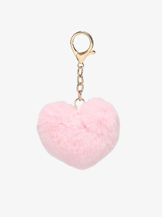 Fur bag charm with pink heart-shaped fuzzy pom-pom and gold-tone clasp chain