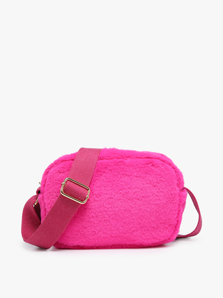 Fuchsia faux fur belt bag with adjustable web strap and gold-tone buckle