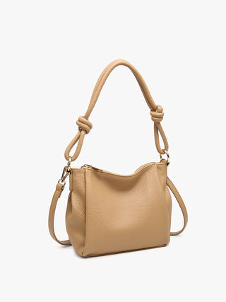 Chicago vegan knotted shoulder bag in greige with knotted rope handles and shoulder strap