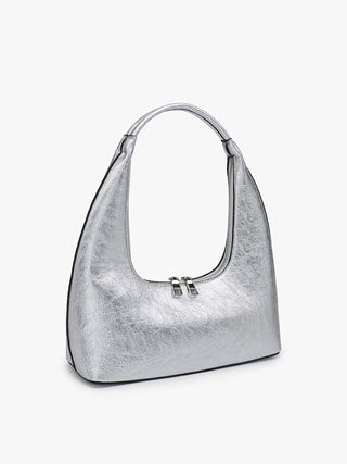 Silver metallic hobo shoulder bag with short handles and center clasp detail