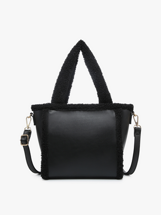 Black/black Helsinki vegan sherpa trim satchel with black handles and gold hardware