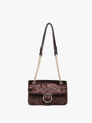 Chocolate velvet crossbody bag with chain shoulder strap and circular ring front