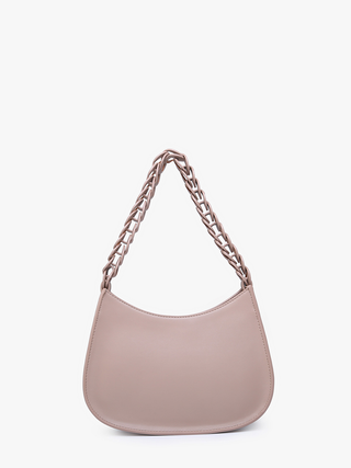 Light pink curved shoulder bag with chain handle and smooth hobo silhouette