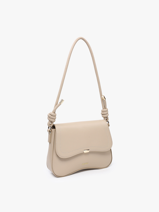 Fiji vegan curved shoulder bag in light beige with flap and short knotted strap