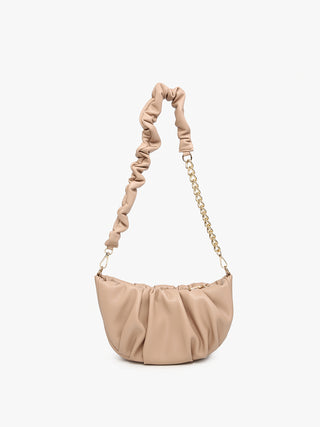 Sand mini hobo shoulder bag with ruched handle and gold chain strap.