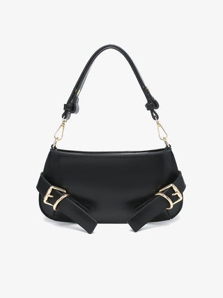 Black vegan shoulder bag with gold buckle straps and chain shoulder handles