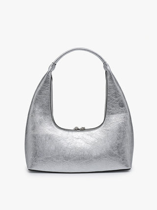 Silver metallic shoulder bag with curved top opening and snap clasp