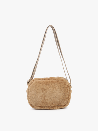 Tan faux fur crossbody/belt bag, rounded shape with adjustable strap and clasp
