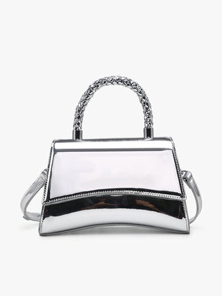 Chrome crossbody bag with braided top handle, smooth metallic front and side straps