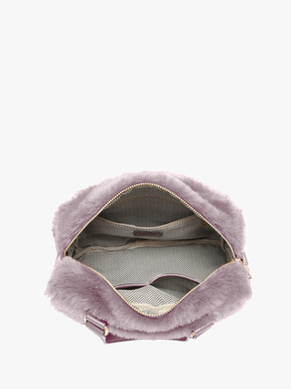 Lavender sherpa Boston bag interior lining with zigzag fabric and top opening