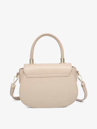 Beige mini satchel with top handle and crossbody straps, gold-tone hardware detail
