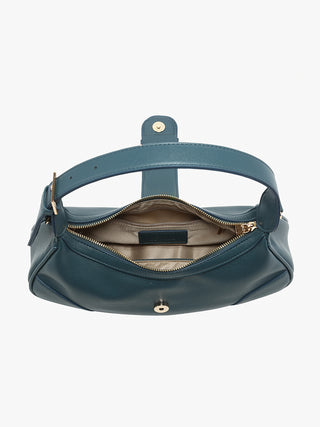 Steel blue bag interior view with zip opening and front buckle closure