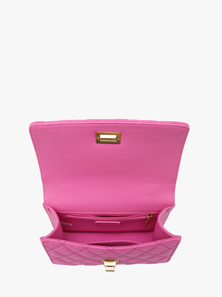 Bali vegan quilted chain crossbody bag, pink interior open with turn-lock clasp
