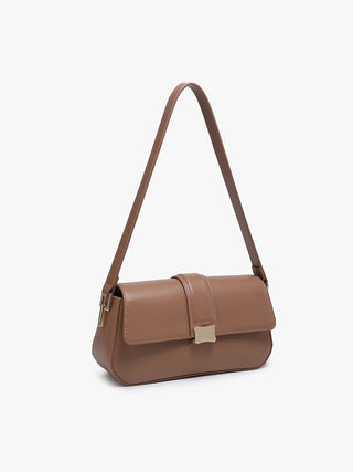 Tan vegan shoulder bag, angled view with flap and center buckle clasp