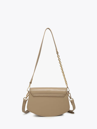 Taupe crossbody shoulder bag with gold chain strap and curved front flap