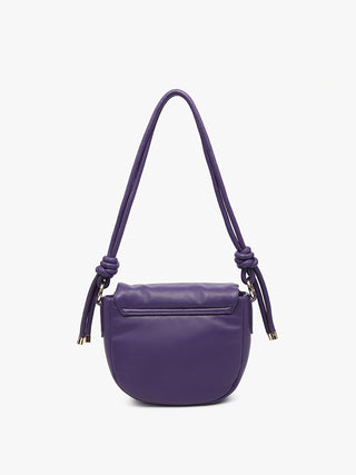Dark Purple shoulder bag with top snap flap, gold-tone zippers, and half-moon shape